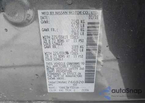 2019 Nissan Rogue Sl from USA, damaged, VIN 5N1AT2MV6KC766020
